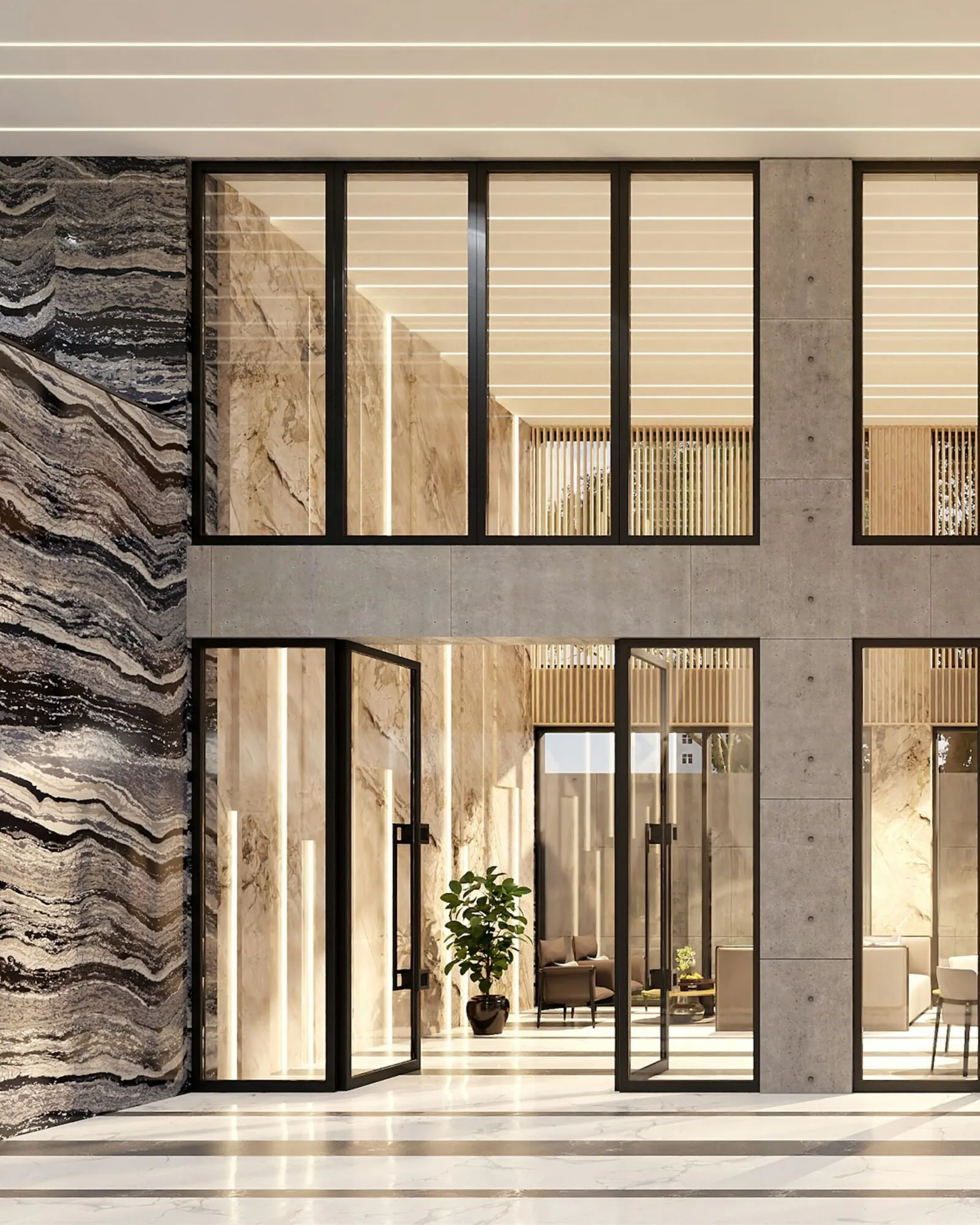 Contemporary private residence with stone surfaces, tall glazing, and a reflective water plane